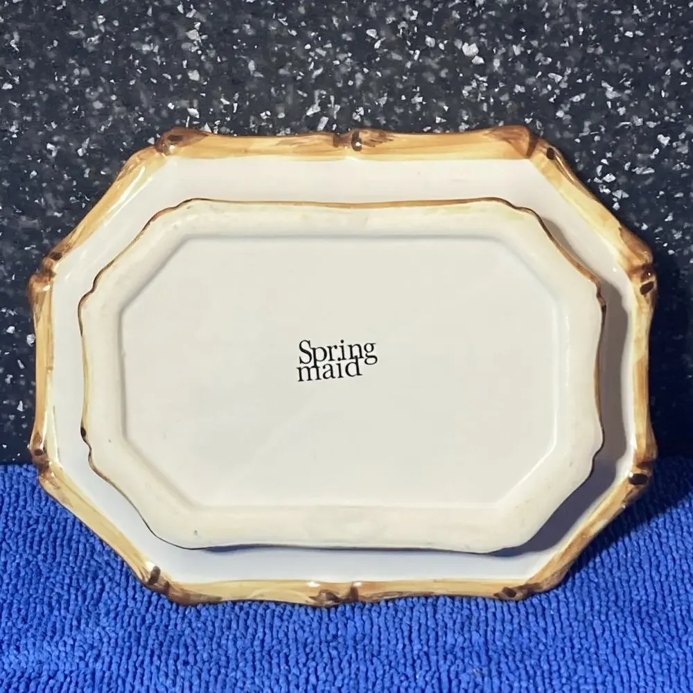 Vintage Springmaid Ceramic Soap Dish With Bamboo Trim & Palm Tree Design